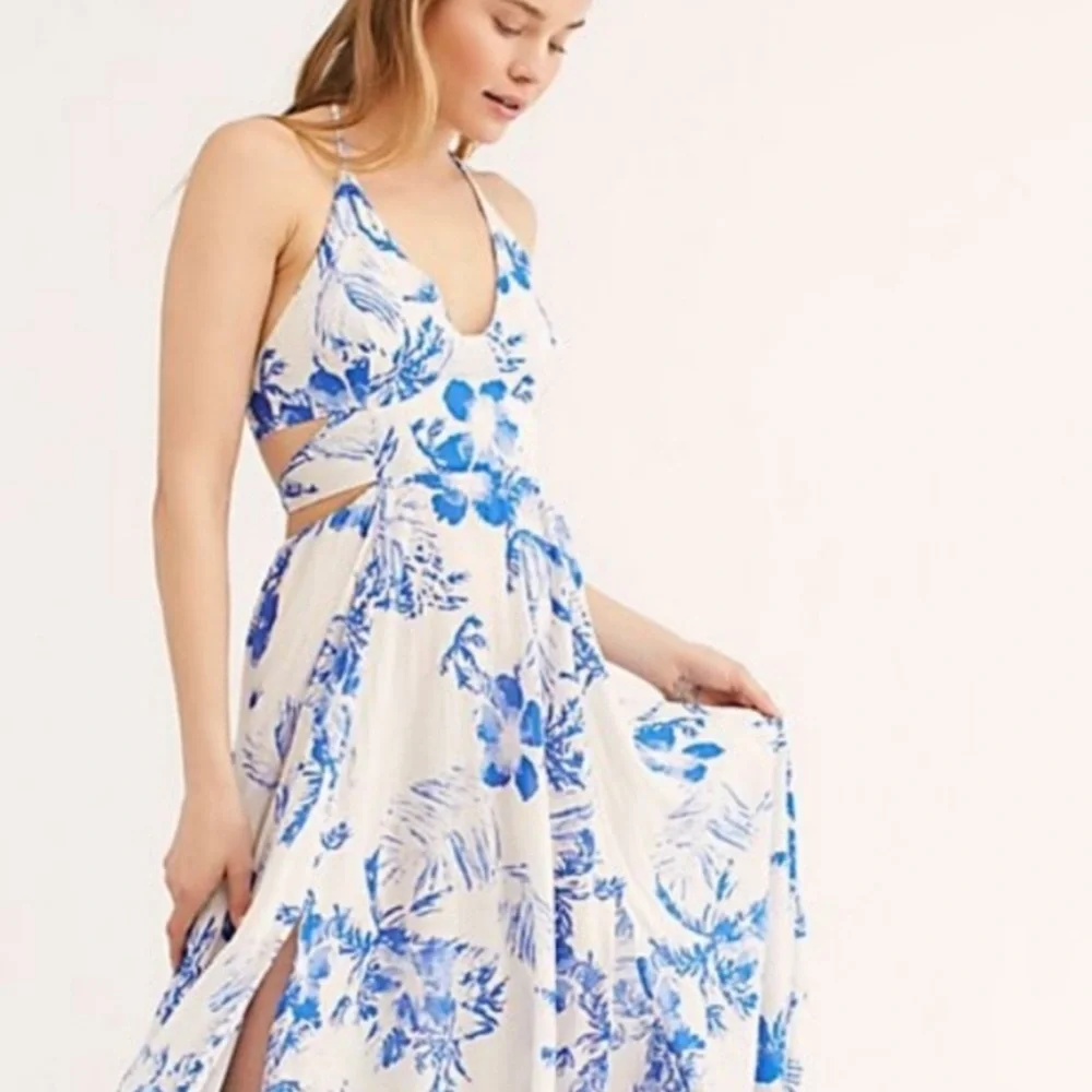 Free People Lille Floral Halter Maxi Dress in Blue and White